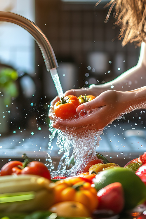 Young woman washing vegetables in kitchen sink. Healthy eating, insulin resistance diet, and dieting concept