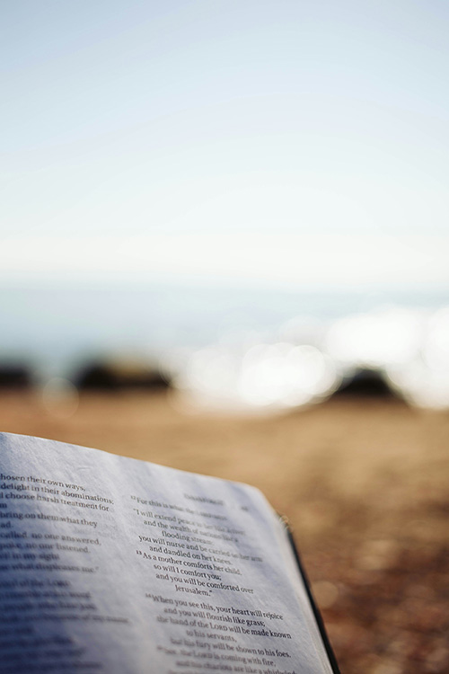 open bible with a blurred field and ocean in the background
