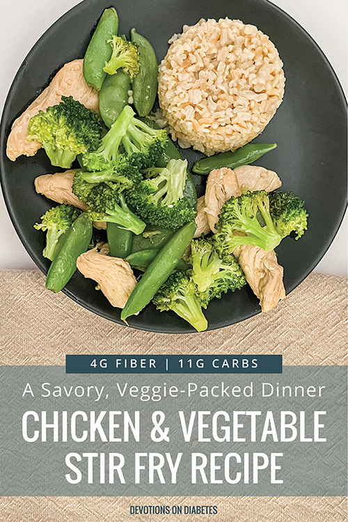 Chicken Stir Fry main pin. Image of a plate of chicken, broccoli, snap peas, and rice.