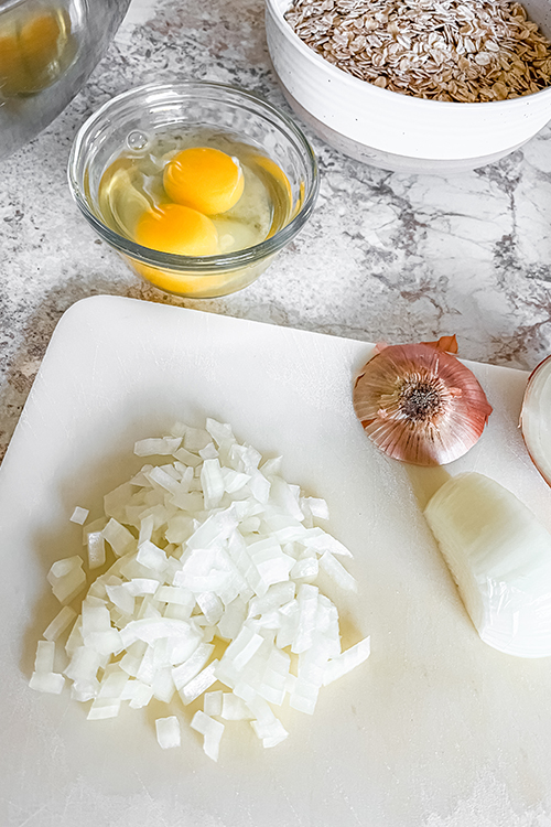 Meal prep for Meatloaf Recipe with ground turkey, egg, oats, coconut milk, and seasonings