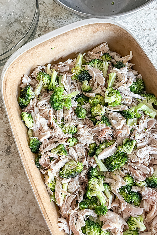 chicken and broccoli in a 9x13 baking stone