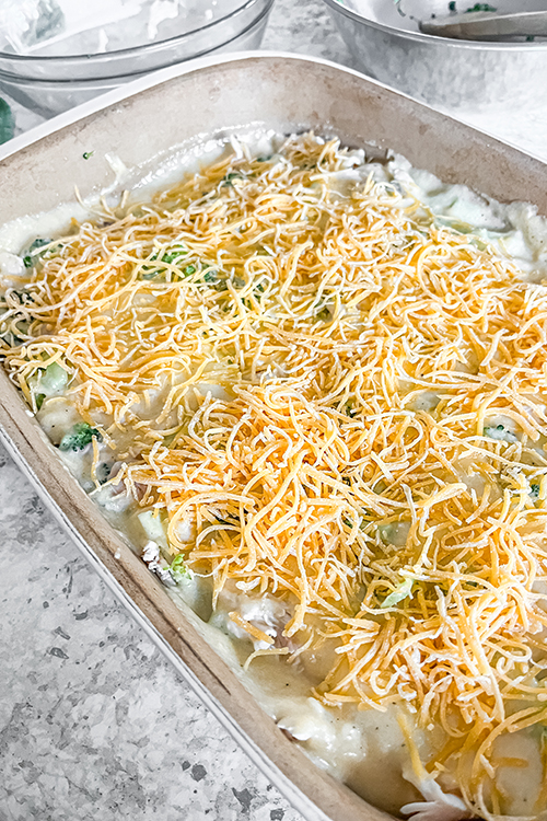 chicken broccoli casserole assembled in a 9x13 baking dish